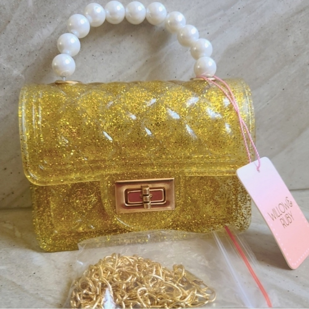 Willow & Ruby Gold glitter Jelly Bag w/ Interchangeable Purse strap & Handle - Picture 2 of 4
